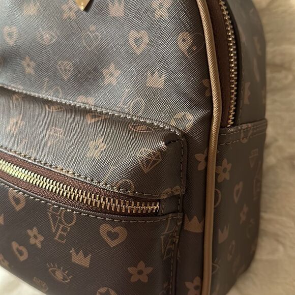 Claire’s Brown Tan LOVE Hearts Jewels Crowns Print Faux Leather Mini Backpack - Picture 14 of 16